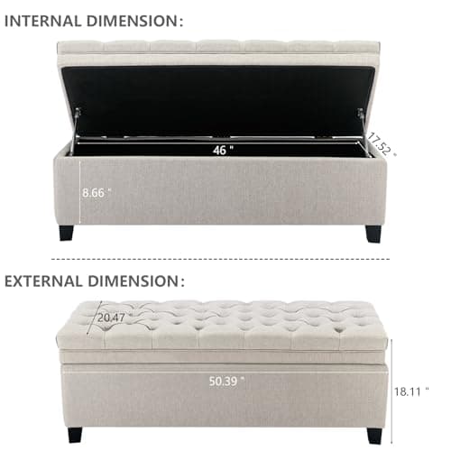50 Inch Fabric Storage Ottoman, End of Bed Bench with Large Storage, Modern Upholstered Tufted Bench with Wood Legs, Beige