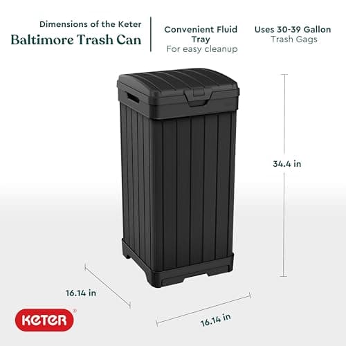 Keter Baltimore Resin 38 Gallon Outdoor Kitchen Trash Can with Lid and Drip Tray for Easy Cleaning-Perfect for Patio Dining, Black