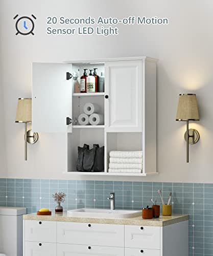HAIOOU Bathroom Wall Cabinet with Motion Sensor LED Light, Wooden Medicine Cabinet Wall Mounted Cupboard, Over Toilet Storage Cabinet with Buffering Hinges and Adjustable Shelf - Modern White