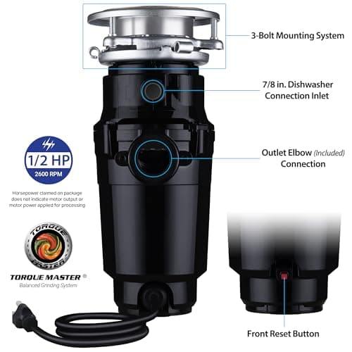Waste Maid 10-US-WM-058-3B Garbage Disposal Anti-Jam Stainless Steel Food Waste Grinding System, 1/2 HP Economy, Black
