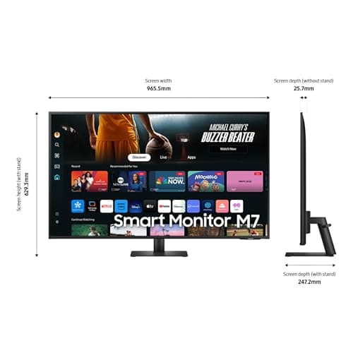 Samsung 43-Inch M7 (M70D) Series 4K UHD Smart Monitor with Streaming TV, Speakers, HDR10, USB-C, Multiple Ports, Gaming Hub, SolarCell Remote, Vision Accessibility Tools, LS43DM702UNXGO, 2024, Black