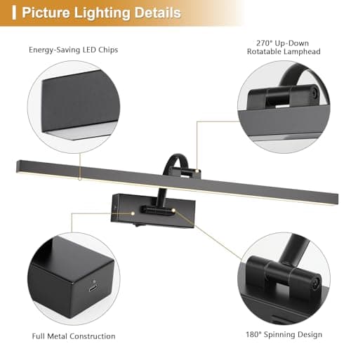 Wireless Picture Lights for Wall Battery Operated, Black Art Lighting for Paintings Rechargeable Gallery lights with Remote and Timer 3CCT Dimmable Painting Lights for Artwork Portrait 23.62 inch