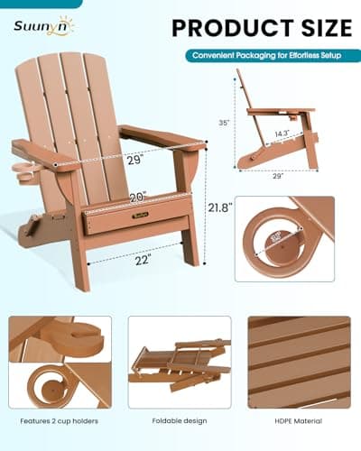 Folding Adirondack Chair 6 Pack, HDPE All-Weather Fire Pit Chairs, Plastic Adirondack Chairs with 2 Cup Holder, Outdoor Lawn Chair for Patio Garden (Teak)