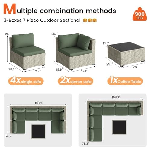 Patio Furniture Set, 7-Piece Outdoor Sectional All-Weather Wicker Patio Conversation Set for Backyard (Green Cushions with Grey Rattan)
