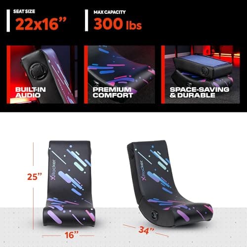 X Rocker Pixel Youth Video Gaming Floor Rocker Chair, Back to School Gifts for Gamers, Bedroom, Foldable, Black with Print