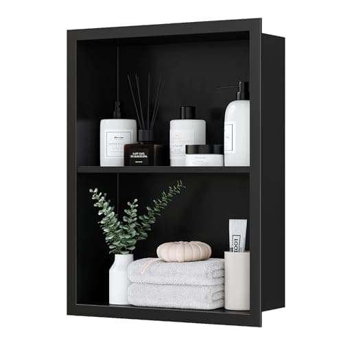 14x18 Medicine Cabinet Recessed, Medicine Cabinet Without Mirror, 304 Stainless Steel Medicine Wall Niche with Double Shelves, Matte Black
