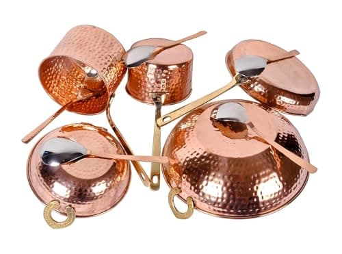 Pure Cookware 10 Piece Set with Serving Spoon (Sauce Pan | Copper Kadhai Set | Copper Fry Pan) with Brass Handle for Cooking Purpose