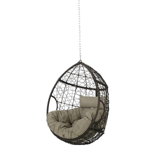 Outdoor Hanging Egg Chair with 8FT Chain, Patio Wicker Swing Egg Basket Chairs, Rattan Basket Hanging Chair Without Stand, Indoor Outdoor Wicker Hammock Egg Chair, Ideal for Patio Garden, Khaki Brown