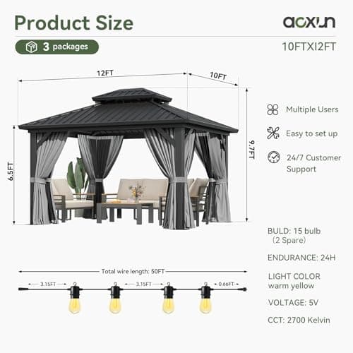 Aoxun 12'x10' Hardtop Gazebo with Light, Aluminum Frame Permanent Pavilion with Curtains and Netting, Outdoor Galvanized Double Roof Canopy, Designed for Garden, Lawns, Patio