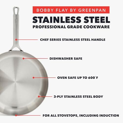 GreenPan x Bobby Flay 10 Piece Stainless Steel Cookware Set, Tri-Ply Multiclad Pots & Pans, Professional Grade, Oven & Broiler Safe to 600°F, Dishwasher Safe, Durable, Induction Compatible, Silver