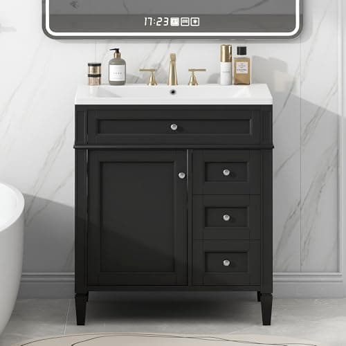 Modern 30" Bathroom Vanity with Sink, Bathroom Storage Cabinet with 2 Drawers, 1 Tip-Out Drawer and 1 Door, Freestanding Bathroom Vanities, Soft Closing, Solid Wood Frame
