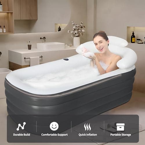Inflatable Bathtub, Portable Bathtub Adult with Electric Air Pump, Freestanding Foldable Spa Tub with Backrest Cup Holder for Indoor Outdoor, Easy to Inflate＆Drain (Gray)