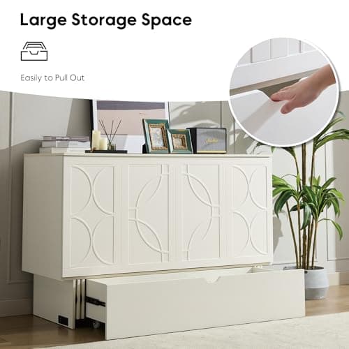 Queen Size Murphy Bed Cabinet with Charging Station & Storage Drawer, Wall-Mounted Tri-Fold Mattress Space Saver for Bedroom, Living Room, Office - White
