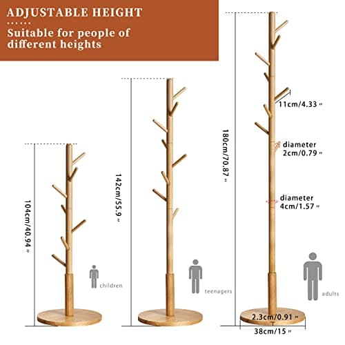 Wooden Coat Rack, Free Standing Coat Stand with 8 Hooks and 3 Height Options, Sturdy Kids Coat Tree Easy to Assemble, for Entryway Home Office Jackets Hat Purse Natural YD-1010