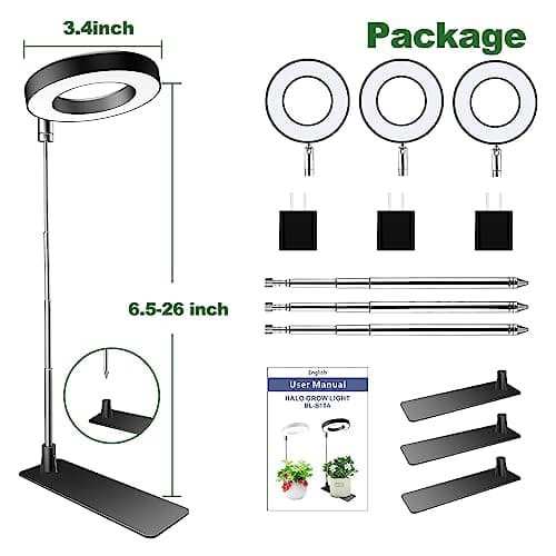 Plant Grow Light, 48 LEDs Full Spectrum Grow Lights for Indoor Plants, Height Adjustable Small Halo Grow Light with Base, 3 Optional Spectrums, Auto Timer 3/9/12Hrs, 10 Brightness, 3 Pack