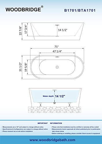 WOODBRIDGE 71" Acrylic Freestanding Bathtub Contemporary Soaking White Tub with Brushed Gold Overflow and Drain,B1701-BG