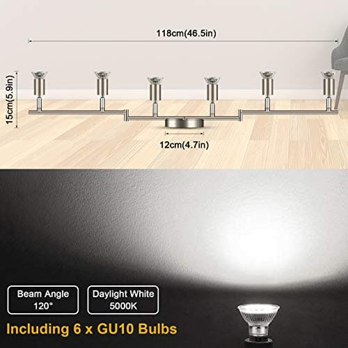 Ascher 6-Light LED Track Lighting Kit, Flexibly Rotatable Light Heads, 6 Way Ceiling Spotlight Matt Nickel Finish, Including 6 GU10 LED Bulbs (4W 400LM Daylight White 5000K)