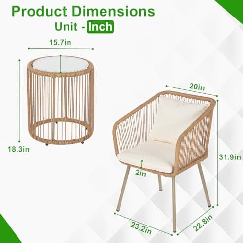 FDW 3-Piece Outdoor Furniture Modern Patio Bistro Set Rattan Conversation Set Wicker Patio Furniture Set with 2 Chairs Coffee Table Cushions Lumbar Pillows for Patio Outdoor Backyard Porch, White