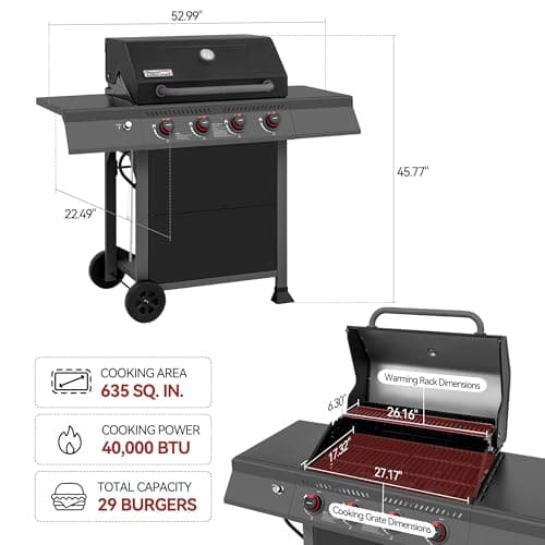 Royal Gourmet GA4401T 4 Burner Propane Gas Grill with Porcelain-enameled Cast Iron Grates, Outdoor BBQ Grill with Warming Rack for Outdoor Cooking and Backyard Barbecues, Black and Gray
