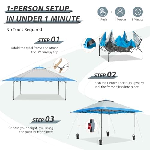 EAGLE PEAK 13x13 Straight Leg Pop Up Canopy Tent Instant Outdoor Canopy Easy Single Person Set up Folding Shelter w/Auto Extending Eaves 169 Square Feet of Shade (Light Blue)