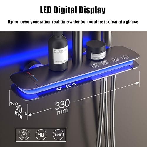 BEITH Thermostatic Shower System, 4 Piano Keys UFO Shower Faucet Set, 31x20cm Square Shower Set, Digital Display, 360° LED Ambient Light, Hydroelectric Power, with Bathtub Faucet (Gun Gray)