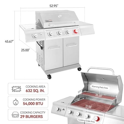 Royal Gourmet GA4402S 4 Burner Propane Gas Grill with Side Burner & Warming Rack, Stainless Steel Gas Grill with 54,000 BTUs Output for Barbecue Grilling & Backyard Cooking, Silver