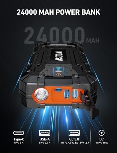 AstroAI S8 Ultra 4000A Jump Starter, 24000mAh Car Starter(All Gas, Up to 12L Diesel Engine), 12V Auto Battery Booster Pack, Jump Box with USB Quick Charge and DC/Type C Port, LED Light, Jumper Cable