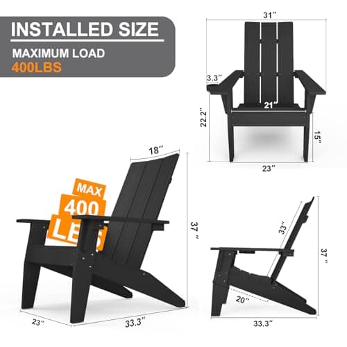 MXIMU Modern Adirondack Chairs Set of 4 Weather Resistant with Cup Holder Oversize Plastic Fire Pit Chairs Plastic Outdoor Chairs for Firepit Area Seating (Black)