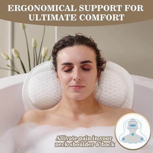 Bath Pillow Luxury Bathtub Pillow, Extra Soft & Comfortable Bath Pillows for Tub Head Neck and Back Support, with 4D Air Mesh Cushions & Non-Slip Suction Cups - Bath Accessories Spa Gifts for Women