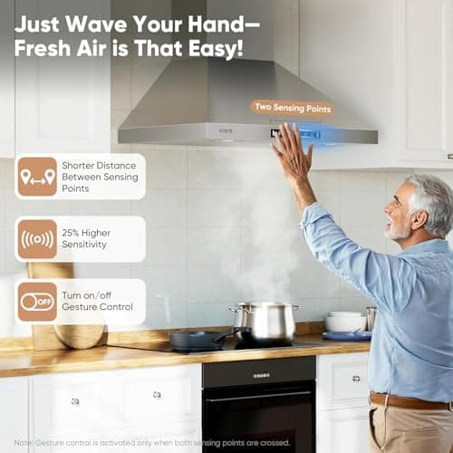 Wall Mount 30 Inch Range Hood 900 CFM, Ductless/Ducted Convertible Kitchen Hood, 3-speed Gesture Sensing & Touch Control, Stainless Steel Kitchen Vent Hood with Permanent Baffle Filters