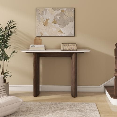 47.24" Walnut Console Table with Sintered Stone Top, Fluted Solid Wood Base Sofa Table, Mid Century Modern Entryway Table for Hallway, Behind The Couch, Living Room, Foyer, Easy Assembly