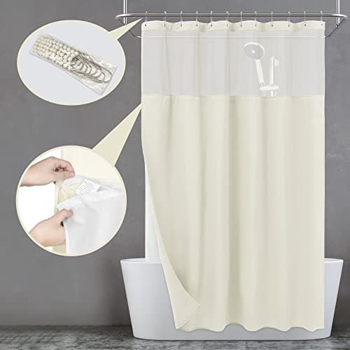 N&Y HOME Waffle Weave Shower Curtain with Snap-in Fabric Liner & Hooks Set - Hotel Style Cream Shower Curtain for Bathroom, Water-Repellent & Washable, Mesh Top Window - 71x72, Cream