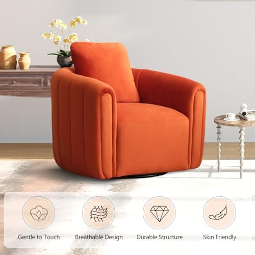 CANMOV Swivel Accent Chair with Pillow,360-degree Swivel Barrel Chair with Curve Backrest, Comfy Velvet Pumpkin-Shaped Round Armchair Modern Single Sofa for Living Room,Bedroom,Waiting Room,Orange