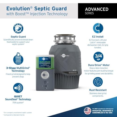 InSinkErator Evolution Septic Guard 3/4 HP Garbage Disposal, Advanced Series EZ Connect Continuous Feed Food Waste Disposer BOOST System with Septic Guard