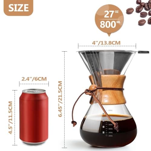 Pour Over Coffee Maker 27 OZ, 8 Cup Borosilicate Glass Drip Coffee Maker with Reusable Stainless Steel Filter and Cork Grip for Home Café 800 ML