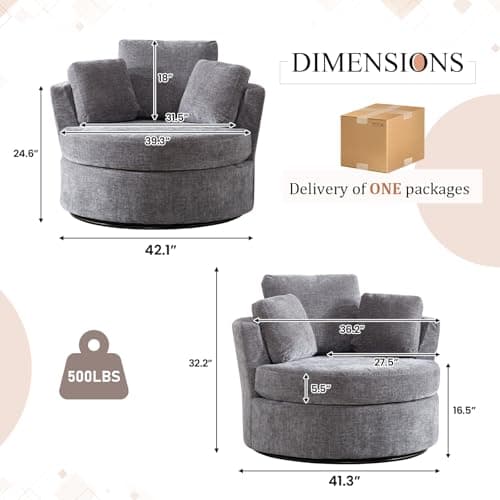 42" W Modern Grey Swivel Barrel Chair with 360° Round Metal Base & Soft Chenille Pillows & Thick Cushion, Comfy Oversized Chaise Longue Indoor Living Room, Bedroom Club Reading Armchair (Gray)