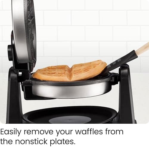 Chefman Rotating Belgian Waffle Maker, 180° Flip Iron w/ Non-Stick Plates, Adjustable Timer, Locking Lid, & Drip Plate, Space Saving Storage, Mess-Free Breakfast, Stainless Steel/Black