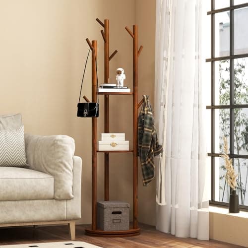 Tangkula Coat Rack Freestanding, Rotary Wooden Coat Tree with 3 Display Storage Shelves & 9 Hooks for Coats, Scarves, Hats & Bags, 66 Inches Coat Hanger Stand for Entryway, Bedroom, Office (Walnut)