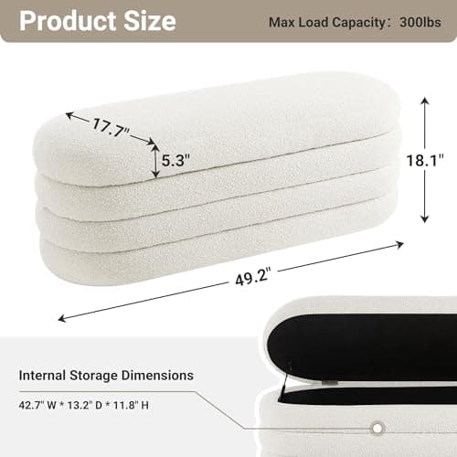 Storage Ottoman Bench 49.2 Inch Upholstered Fabric Storage Bench for Bedroom End of Bed Aesthetic Large Oval Storage Ottoman for Living Room Entryway (Ivory)