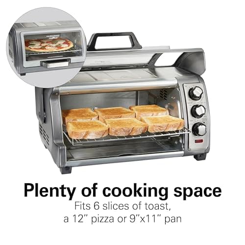 Hamilton Beach Air Fryer Toaster Oven Combo with Large Capacity, Fits 6 Slices or 12” Pizza, 4 Cooking Functions for Convection, Bake, Broil, Roll-Top Door, Easy Reach Sure-Crisp, Stainless Steel