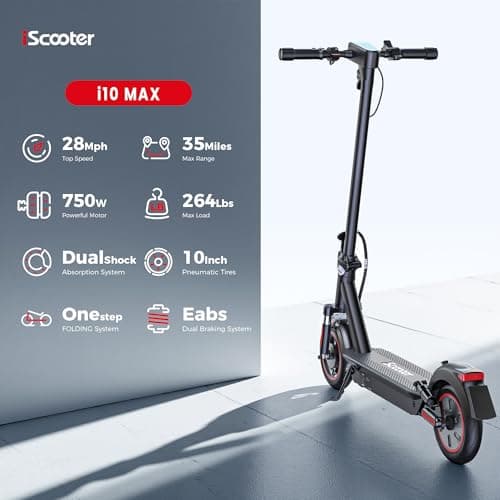 iScooter Electric Scooter Adults, 50/37 Miles Long Range,28 MPH Max Speed, 800W Motor E Scooter Foldable with 10" Pneumatic Tires, Turn Signals, Dual Suspension & Double Brakes, Smart App