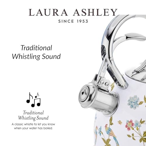 Laura Ashley Elveden White Stovetop Kettle with Whistle - 2.5L Fast Boil Stainless Steel Kettle Stove Top - Silicon Coated Cool Handle Camping Kettle for Gas, Induction Hob - Compatible with Aga Stove