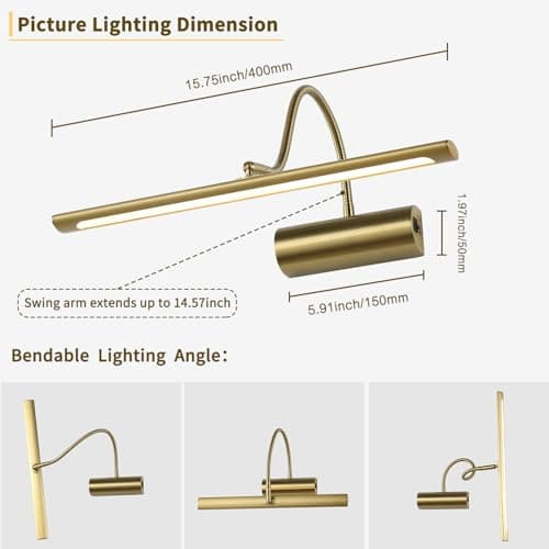 JOOSENLUX Battery Operated Picture Lights Gold Wall Lights Wireless Flexible Neck with Remote Rechargeable Wall Lights for Pictures 16" Dimmable Display Art Light with Timer 3000K Brass