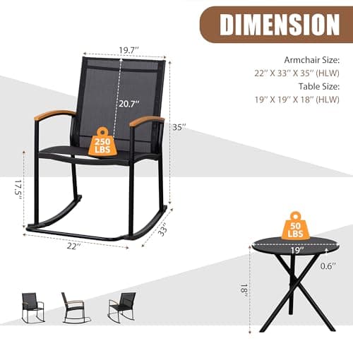 Shintenchi 3 Piece Outdoor Rocking Bistro Set, Textilene Fabric Small Patio Furniture Set, Front Porch Rocker Chairs Conversation Set with Table for Lawn, Garden, Balcony, Poolside (Black)