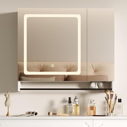 ChooChoo Lighted Bathroom Medicine Cabinet with Mirror, Wall-Mounted Bathroom Wall Cabinet with Mirror Doors, LED Lights, Adjustable Shelves, Towel Bar, White