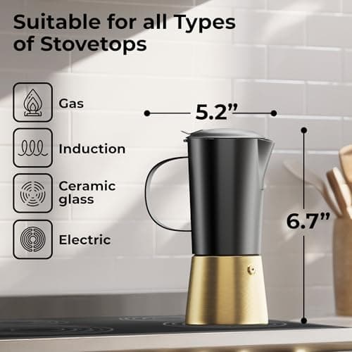 Moka Pot Espresso maker, Stovetop Stainless Steel Manual Espresso Italian Cuban Coffee Maker, 6 cups (350 ml), Elegant Coffee Maker Percolator Cafetera, Black/Gold