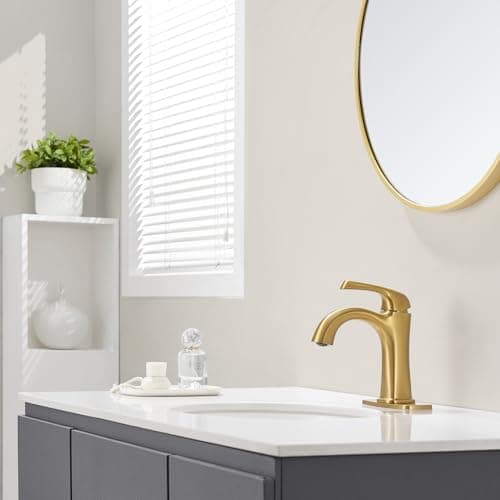 Brushed Gold Single Hole Bathroom Faucets, Single Handle Brass Bathroom Sink Faucet for 1 or 3 Holes, Vanity Faucet with Pop Up Drain and Supply Lines, Deck Plate