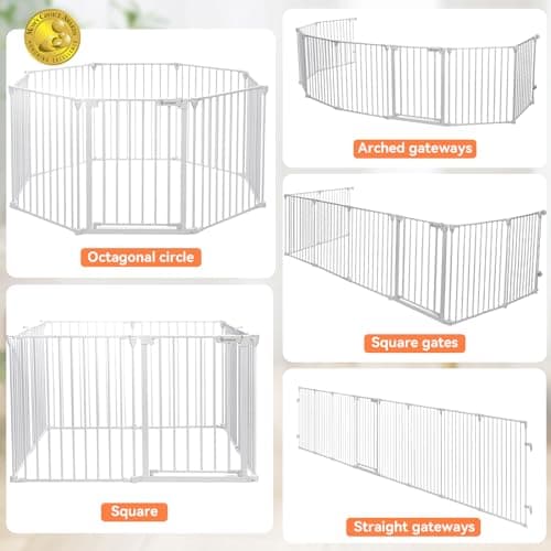 COMOMY 198" Baby Gate Extra Wide, Dog Gate Pet Gate for House Stairs Doorways Fireplace, Adjustable 3 in 1 Play Yard Child Safety Gate, Auto Close, Hardware Mounted (30" Tall, White)