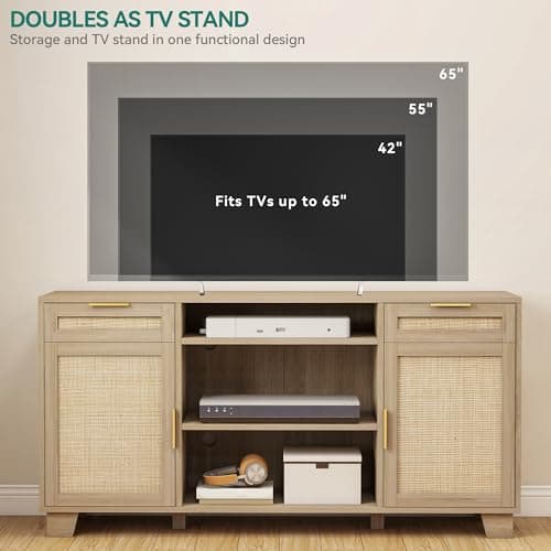 YITAHOME Rattan TV Stand for up to 65 Inch TVs, Boho Entertainment Center with Storage, TV Media Console with Drawers, Adjustable Shelves for Living Room (Natural Oak)