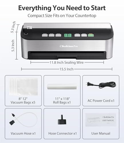 PressFree TRUE-Auto Vacuum Sealer Machine, Beelicious 85KPA Fully Automatic 8-IN-1 Food Sealer with Bags Storage, Build-in Cutter, Moist Mode and Air Suction Hose | Digital Countdown | Sous Vide